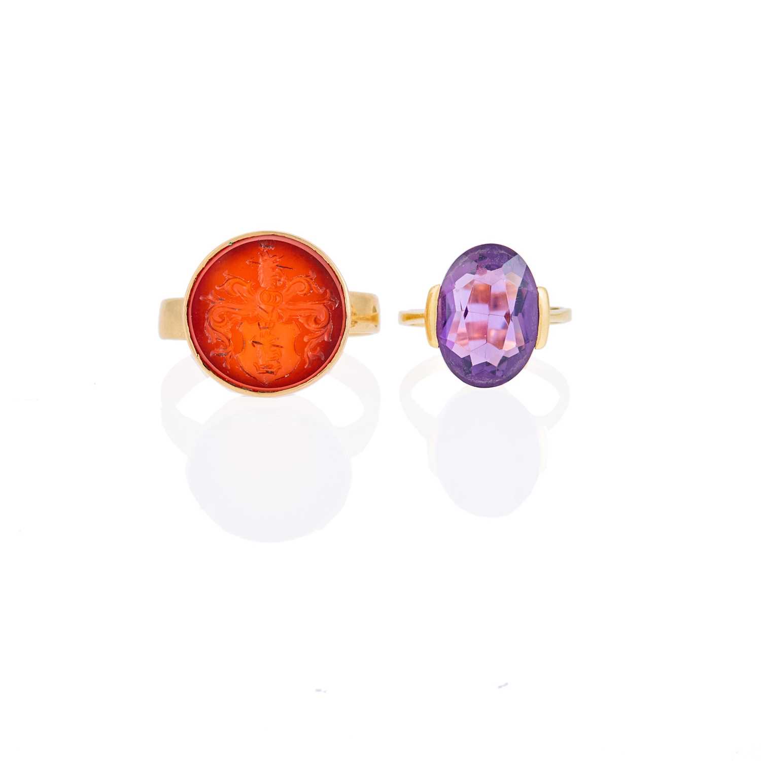 Lot 1035 - Two Gold, Amethyst and Carnelian Intaglio Rings