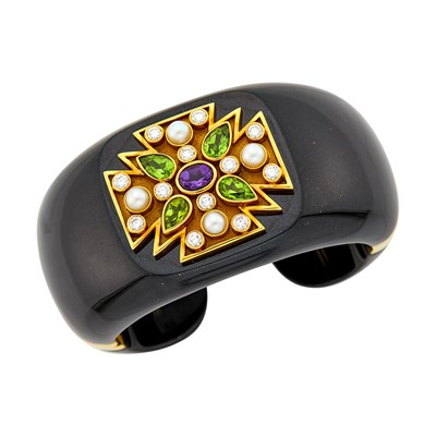 Lot 97 - Verdura Black Jade, Gold, Gem-Set, Diamond and Cultured Pearl Maltese Cross Cuff Bangle Bracelet