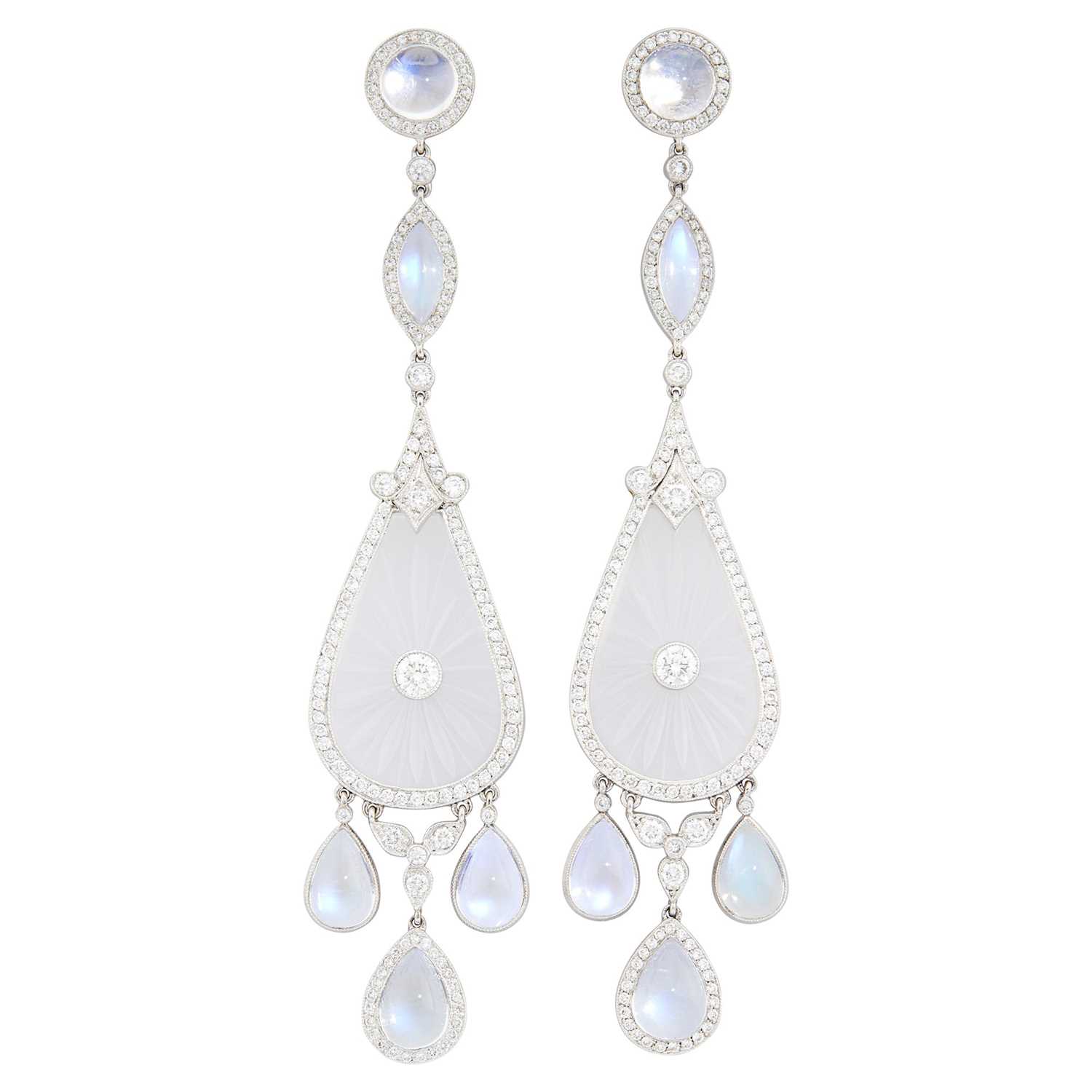 Lot 44 - Fred Leighton Pair of Platinum, Carved Rock Crystal, Diamond and Moonstone Pendant-Earrings
