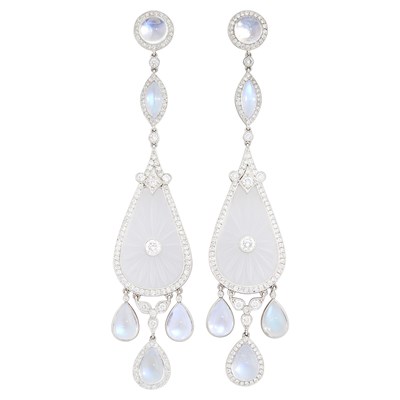Lot 44 - Fred Leighton Pair of Platinum, Carved Rock Crystal, Diamond and Moonstone Pendant-Earrings