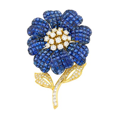 Lot 125 - Adler Gold, Invisibly-Set Sapphire and Diamond Flower Brooch