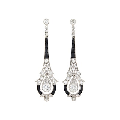 Lot 83 - Pair of Platinum, Diamond and Black Onyx Pendant-Earrings