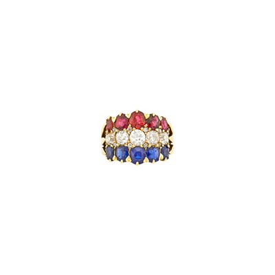 Lot 153 - Three-Row Gold, Diamond, Ruby and Sapphire Ring