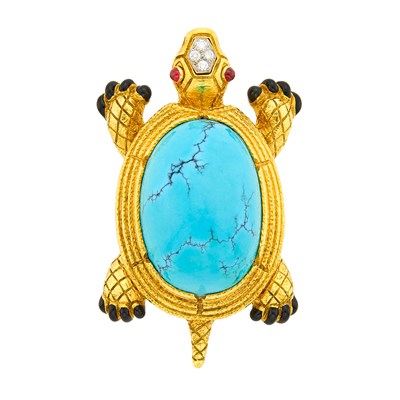 Lot 133 - David Webb Gold, Platinum, Turquoise, Diamond and Black Enamel Turtle Pendant Clip-Brooch