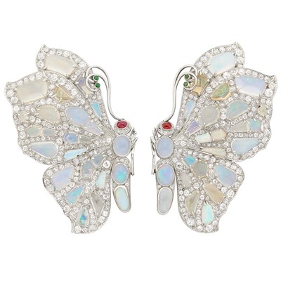 Lot 65 - Seaman Schepps Pair of Platinum, Opal, Diamond and Gem-Set Butterfly Clip-Brooches