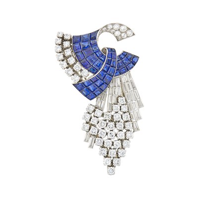 Lot 237 - Platinum, Invisibly-Set Sapphire and Diamond Clip