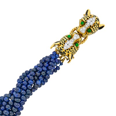 Lot 40 - David Webb Multistrand Sapphire Bead, Gold, Platinum, Black Enamel, Diamond and Cabochon Emerald Panther Head Torsade Bracelet