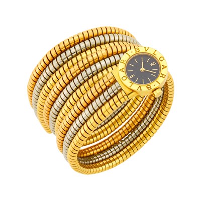 Lot 22 - Bulgari Two-Color Gold Coiled Tubogas Bracelet-Watch