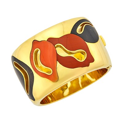 Lot 18 - Tiffany & Co. Gold, Coral, Jasper and Black Jade Cuff Bangle Bracelet