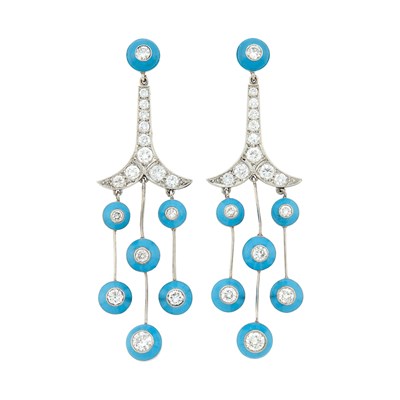Lot 79 - Pair of Platinum, Turquoise Enamel and Diamond Pendant-Earrings