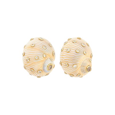 Lot 7 - Pair of Gold, Shell, Diamond and Colored Diamond Earrings
