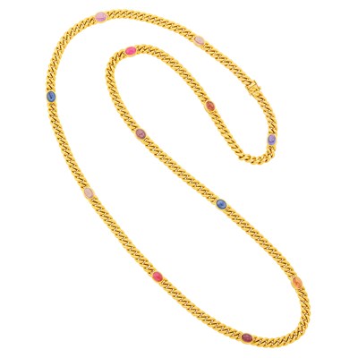Lot 50 - Bulgari Long Gold and Cabochon Colored Stone Curb Link Necklace