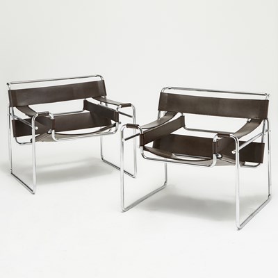 Lot 345 - Pair of Marcel Breuer Chromed Metal and Leather "Wassily" Chairs