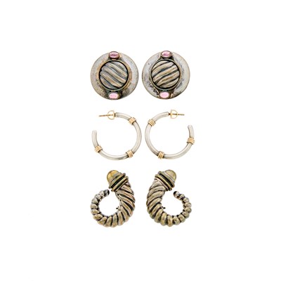 Lot 1215 - David Yurman Two Pairs of Silver and Gold Earrings and Tiffany & Co. Pair of Silver and Gold Hoop Earrings