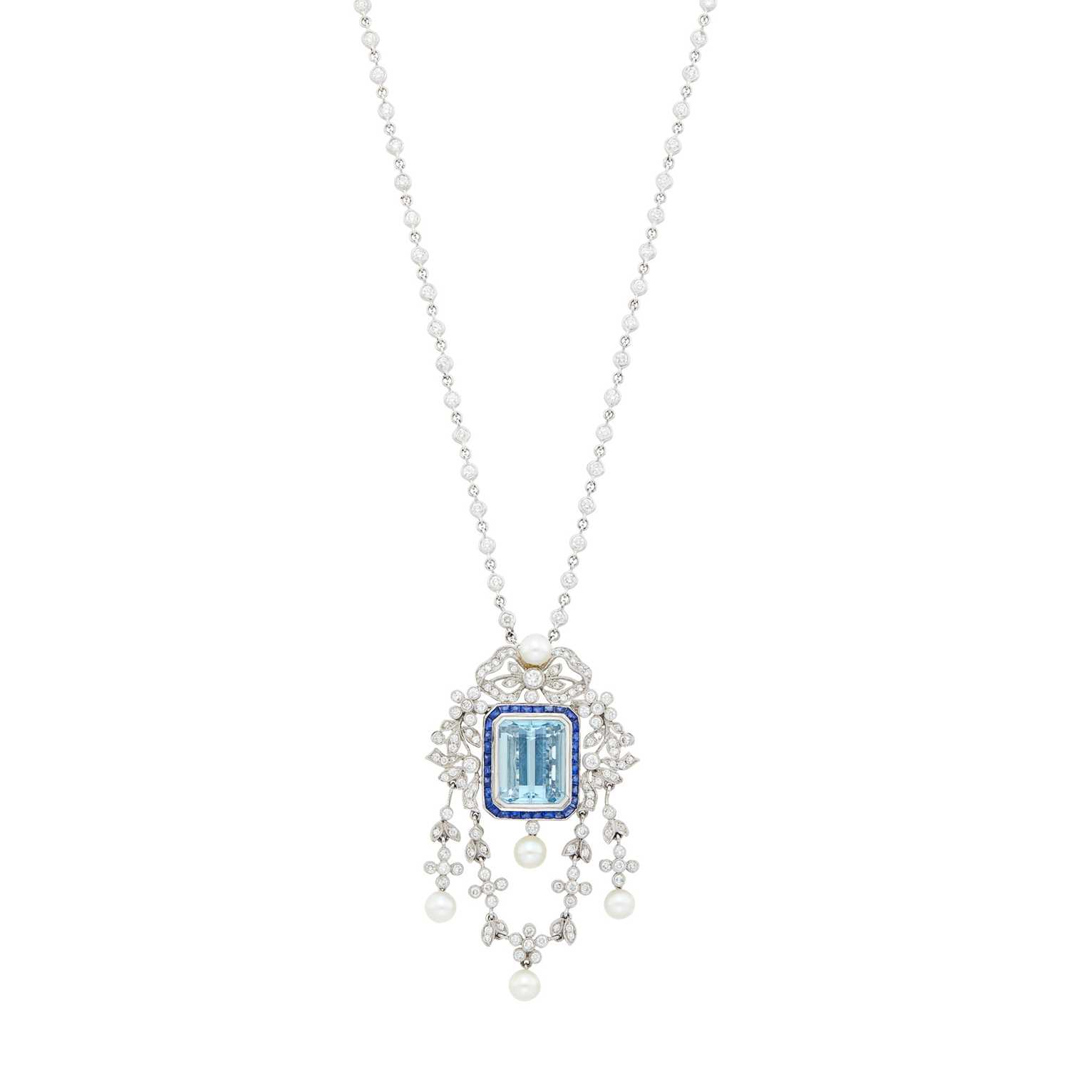 Lot 57 - Sophia D Platinum, Sapphire, Diamond and Cultured Pearl Pendant-Brooch with White Gold and Diamond Chain Necklace