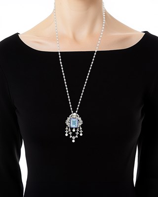 Lot 57 - Sophia D Platinum, Sapphire, Diamond and Cultured Pearl Pendant-Brooch with White Gold and Diamond Chain Necklace