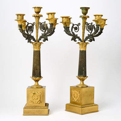 Lot 345 - Pair of Empire Style Gilt and Patinated Bronze Six-Light Candelabra