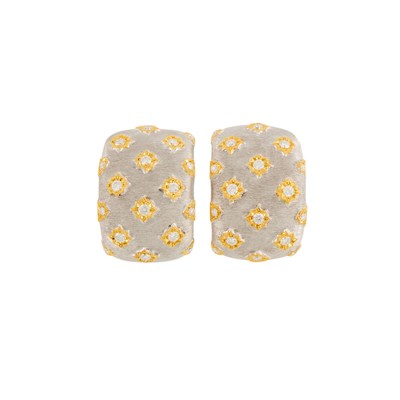 Lot 199 - Pair of Two-Color Gold and Diamond Earrings