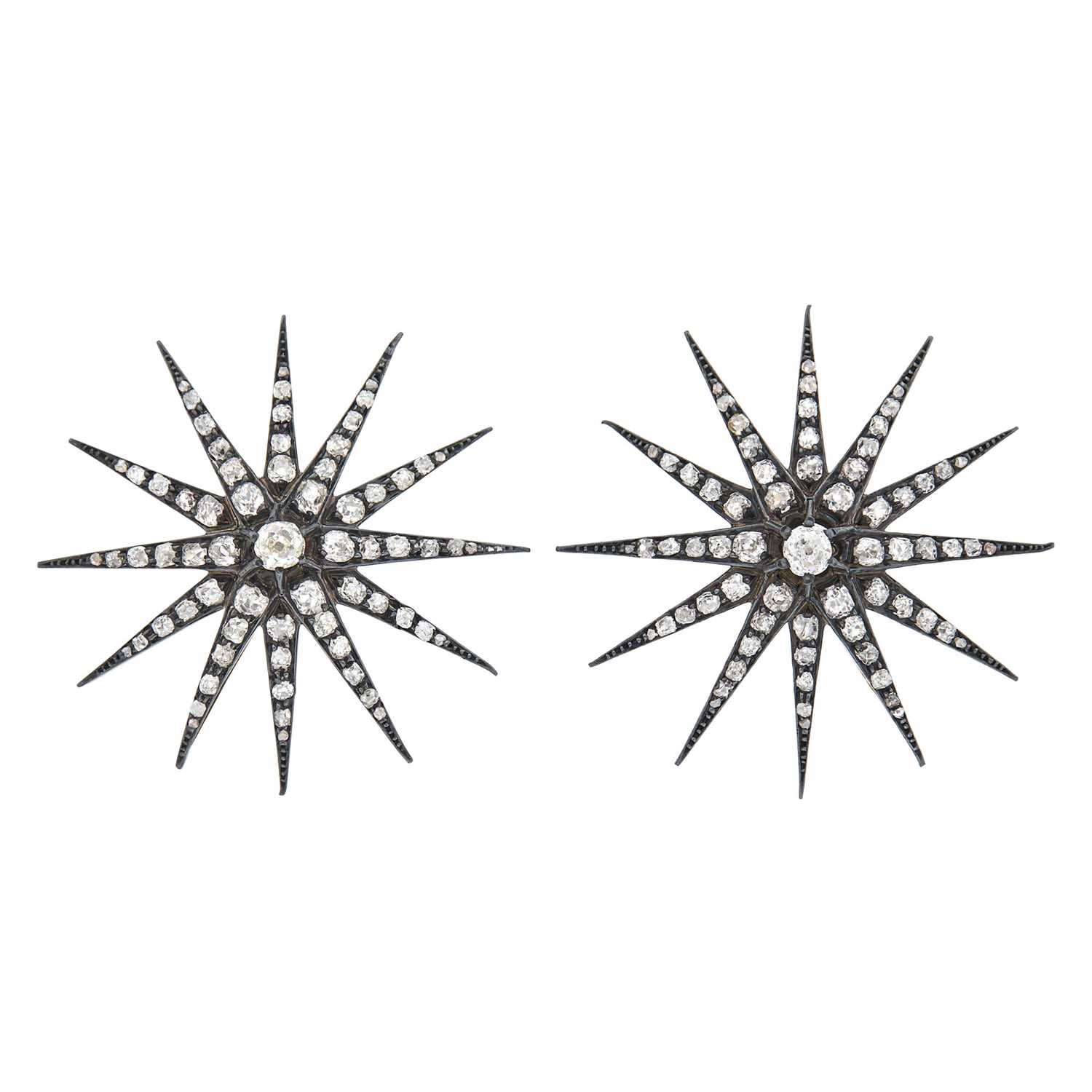Lot 81 - Pair of Antique Silver, Gold and Diamond Starburst Brooches