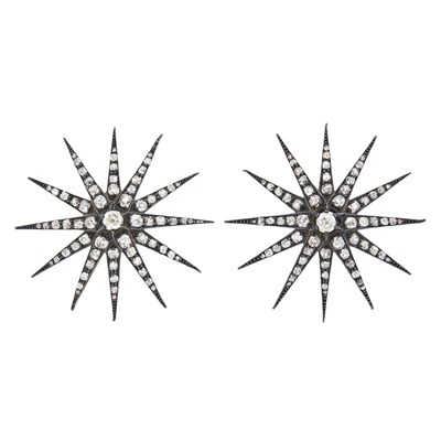 Lot 81 - Pair of Antique Silver, Gold and Diamond Starburst Brooches