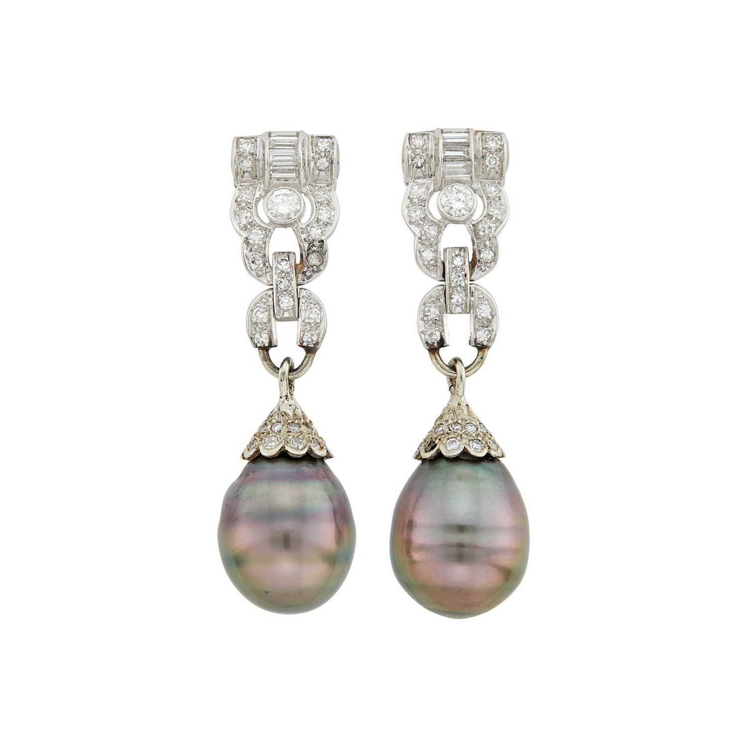 Lot 35 - Pair of Platinum, White Gold, Diamond and Tahitian Gray Cultured Pearl Pendant-Earrings