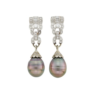 Lot 35 - Pair of Platinum, White Gold, Diamond and Tahitian Gray Cultured Pearl Pendant-Earrings