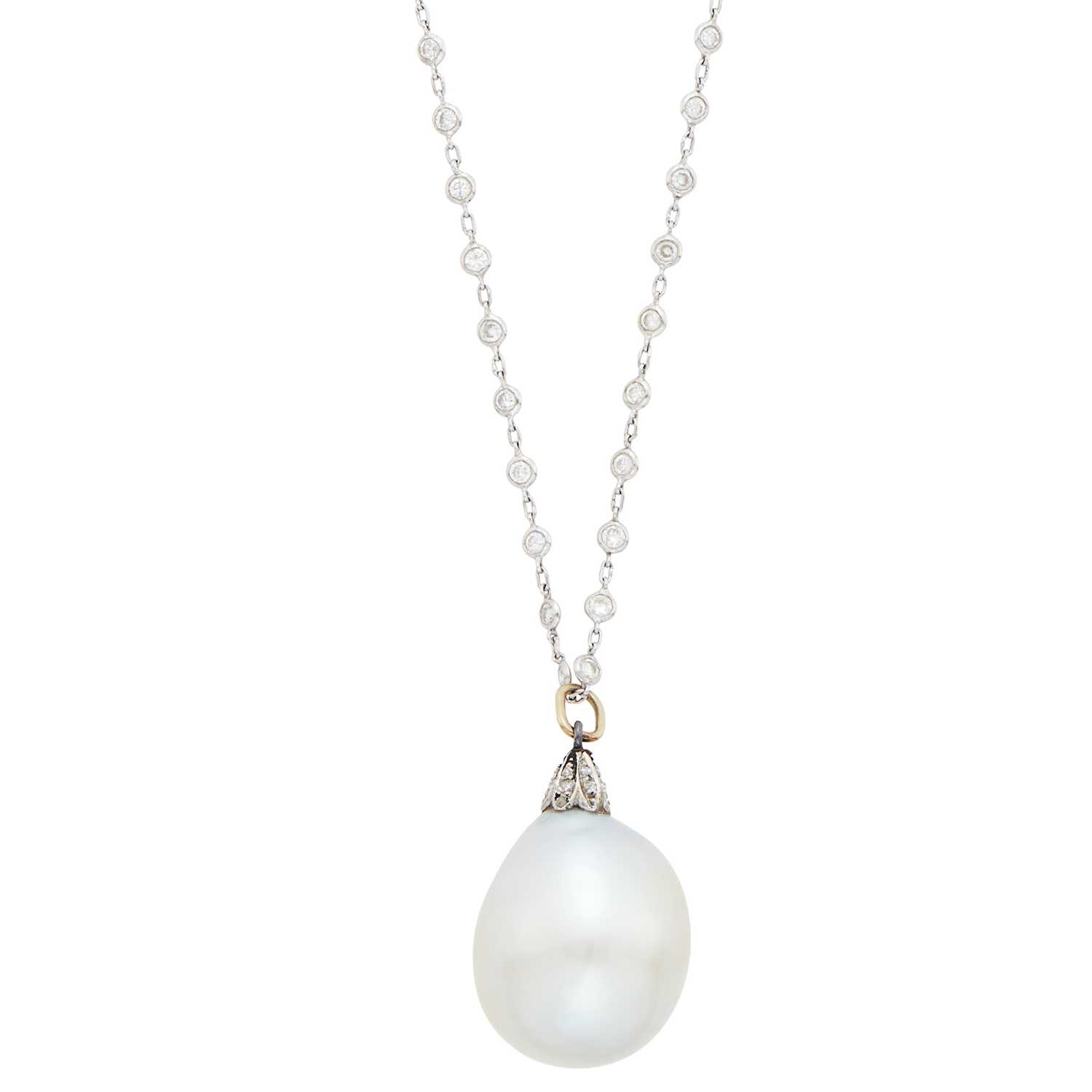 Lot 42 - South Sea Cultured Pearl and Diamond Pendant with Long Platinum and Diamond Chain Necklace