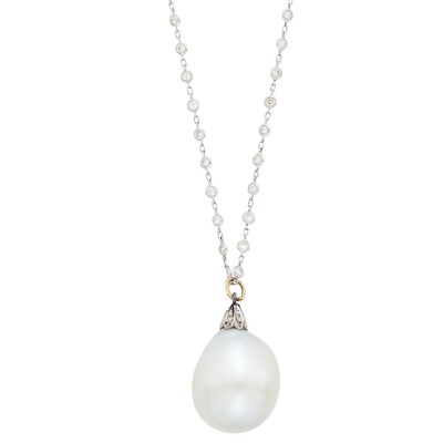 Lot 42 - South Sea Cultured Pearl and Diamond Pendant with Long Platinum and Diamond Chain Necklace