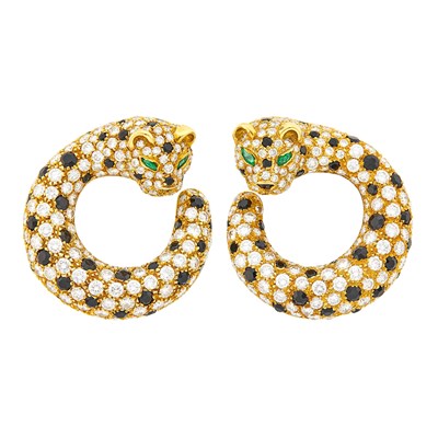 Lot 126 - Pair of Gold, Diamond and Black Onyx Panther Hoop Earrings