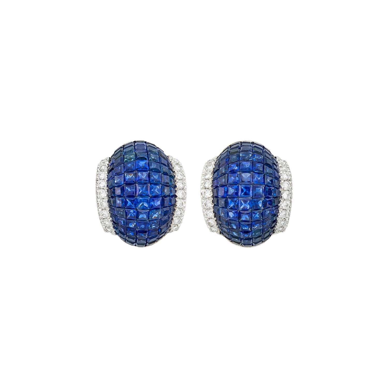 Lot 45 - Pair of White Gold, Invisibly-Set Sapphire and Diamond Bombé Earclips