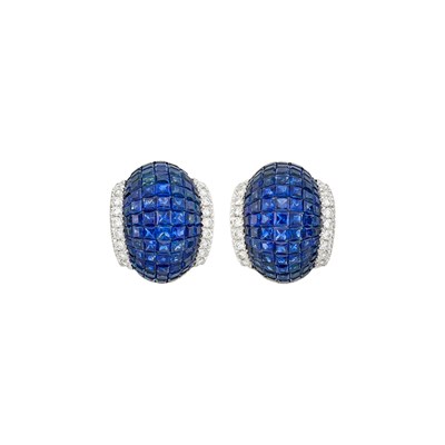 Lot 45 - Pair of White Gold, Invisibly-Set Sapphire and Diamond Bombé Earclips