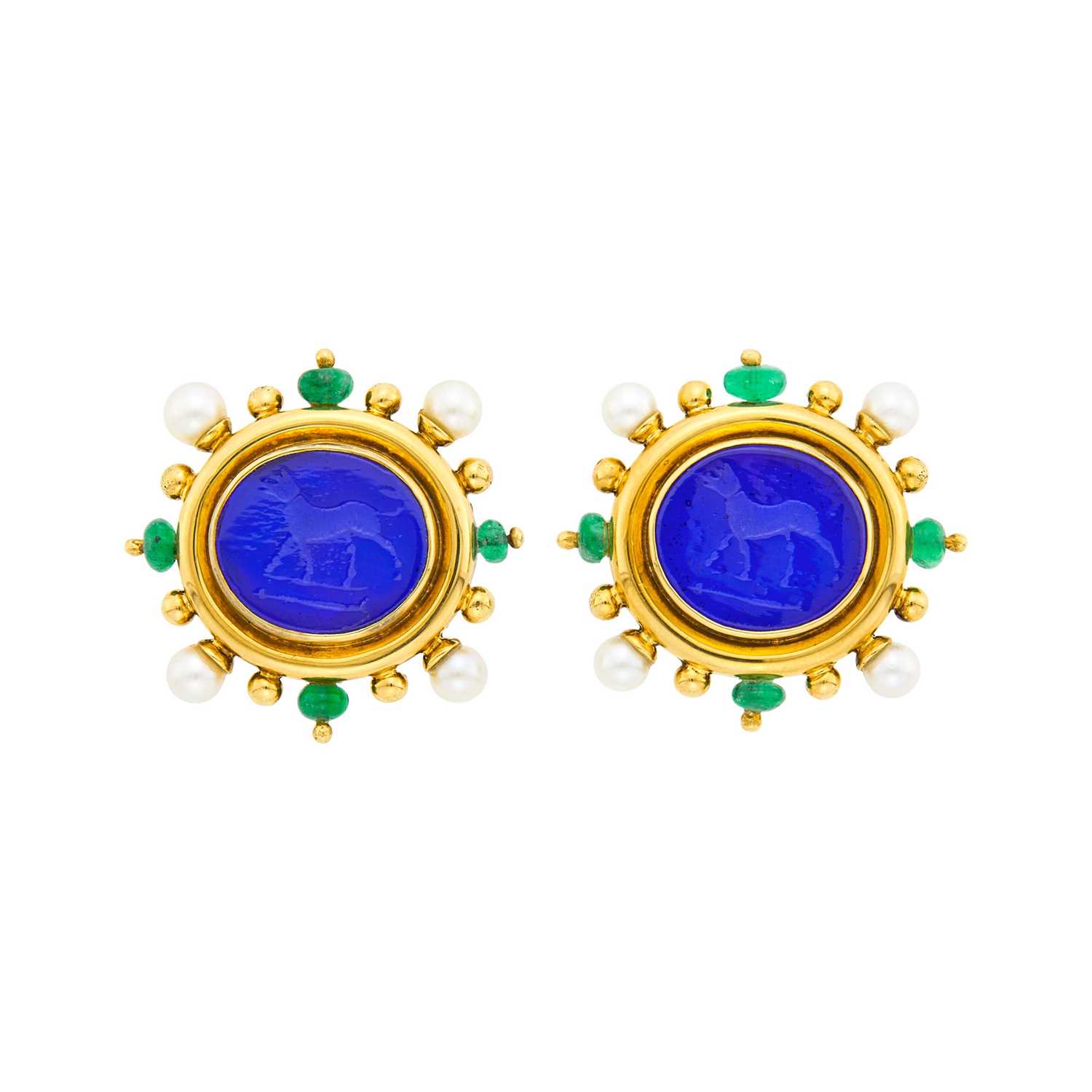 Lot 16 - Elizabeth Locke Pair of Gold, Blue Glass Intaglio, Mother-of-Pearl, Emerald Bead and Cultured Pearl Earclips