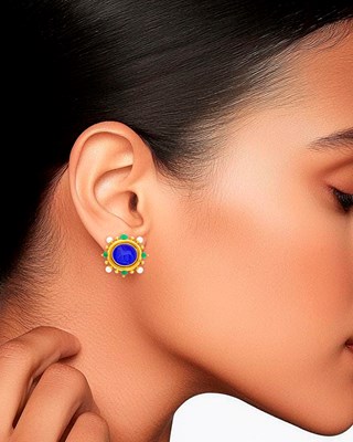 Lot 16 - Elizabeth Locke Pair of Gold, Blue Glass Intaglio, Mother-of-Pearl, Emerald Bead and Cultured Pearl Earclips