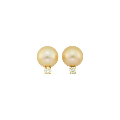 Lot 91 - Pair of Gold, Golden Cultured Pearl and Colored Diamond Earclips