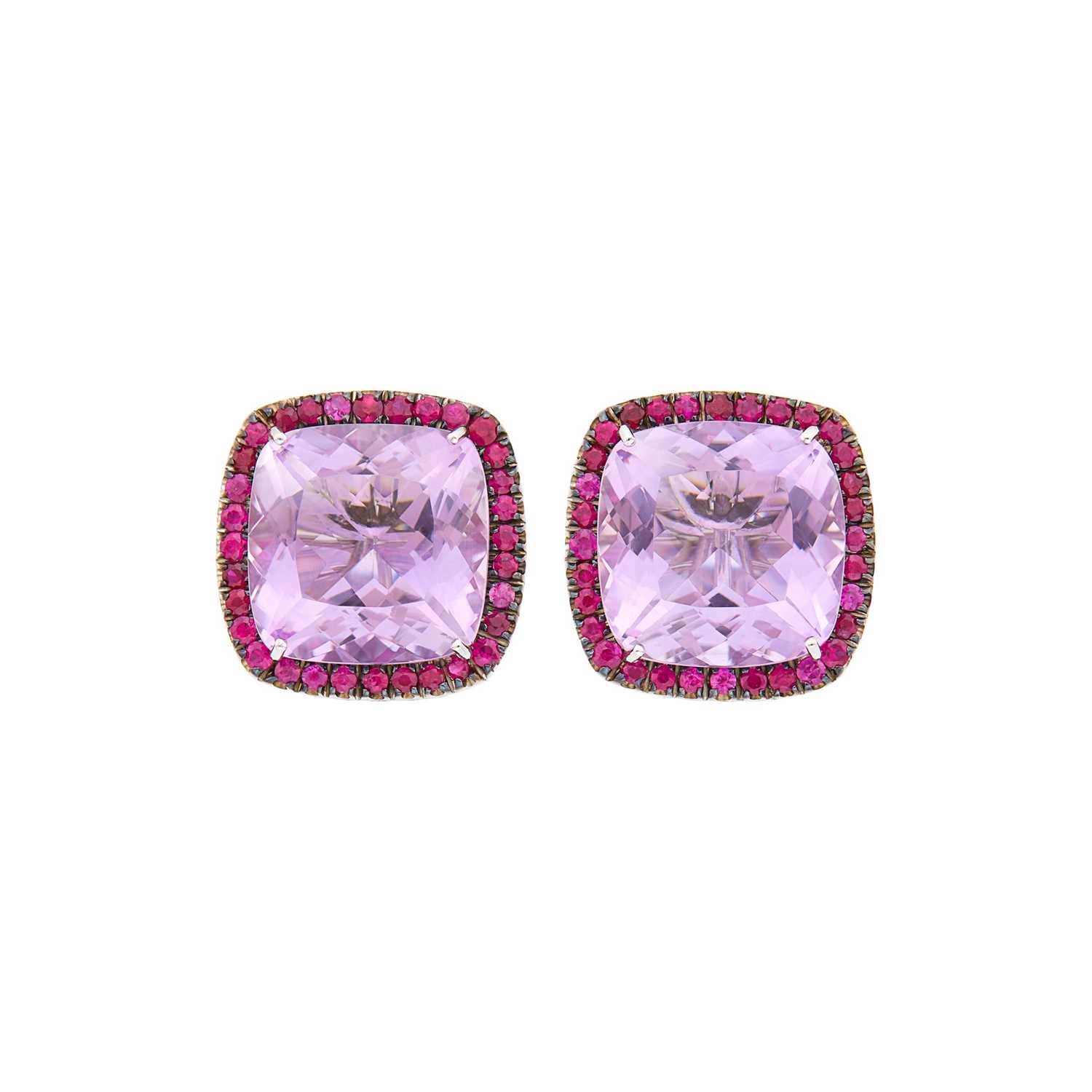 Lot 60 - Pair of White Gold, Kunzite and Ruby Earclips