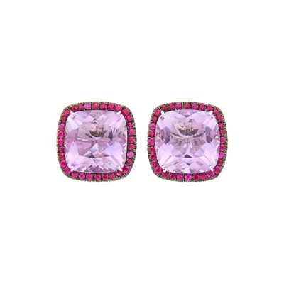 Lot 60 - Pair of White Gold, Kunzite and Ruby Earclips