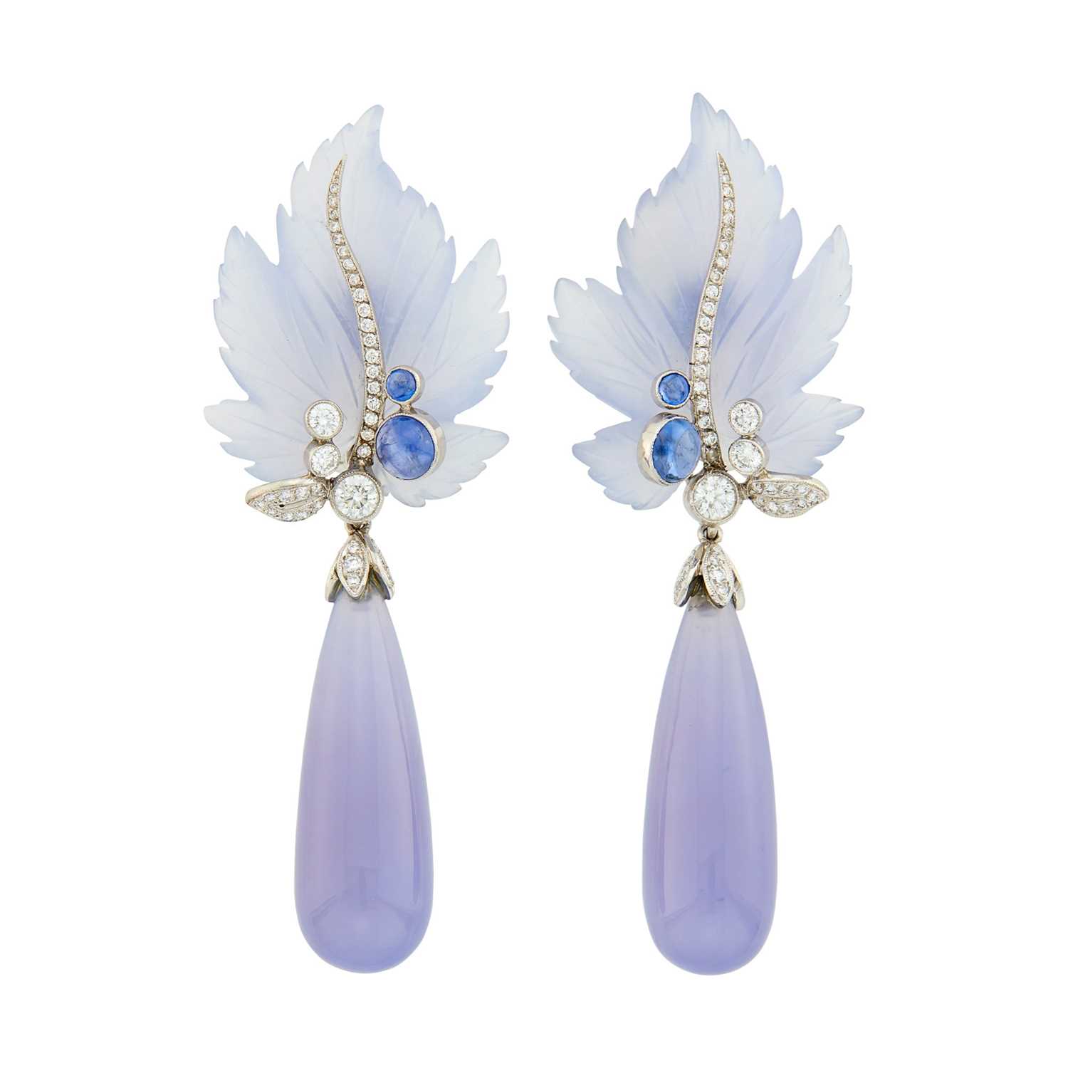 Lot 66 - Pair of White Gold, Blue Chalcedony, Cabochon Sapphire, Diamond and Carved Blue Crystal Pendant-Earclips