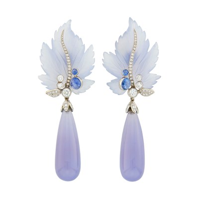 Lot 66 - Pair of White Gold, Blue Chalcedony, Cabochon Sapphire, Diamond and Carved Blue Crystal Pendant-Earclips