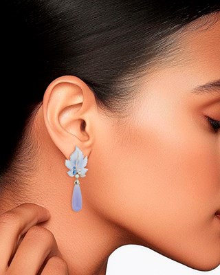 Lot 66 - Pair of White Gold, Blue Chalcedony, Cabochon Sapphire, Diamond and Carved Blue Crystal Pendant-Earclips