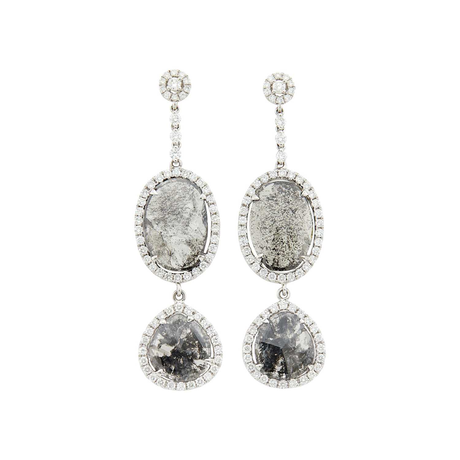Lot 48 - Pair of White Gold, Sliced Colored Diamond and Diamond Pendant-Earrings