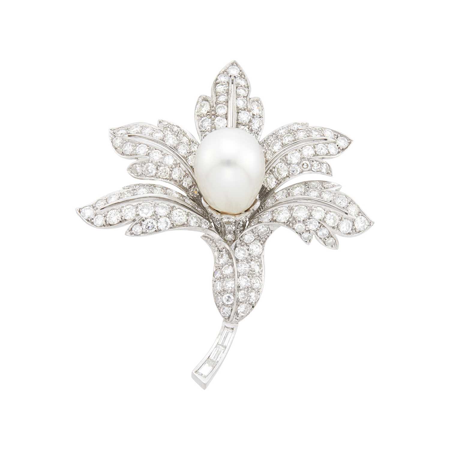 Lot 39 - Platinum, Baroque Cultured Pearl and Diamond Flower Clip-Brooch