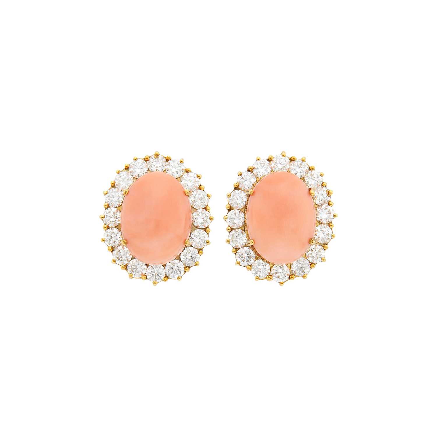 Lot 4 - Pair of Gold, Angel Skin Coral and Diamond Earclips