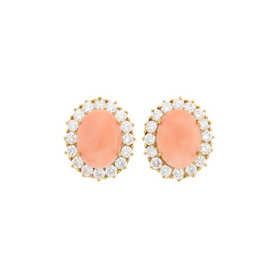 Lot 4 - Pair of Gold, Angel Skin Coral and Diamond Earclips