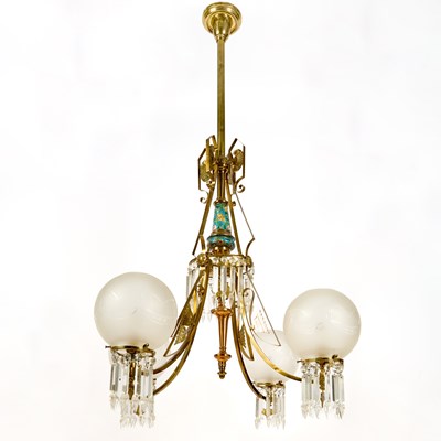 Lot 186 - Aesthetic Movement Longwy Pottery and Brass Four-Light Chandelier