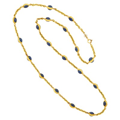 Lot 27 - Long Gold, Cabochon Sapphire and Diamond Chain Necklace