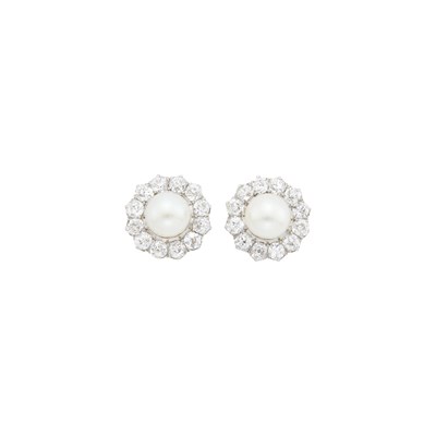 Lot 154 - Pair of Platinum, Gold, Cultured Pearl and Diamond Earrings