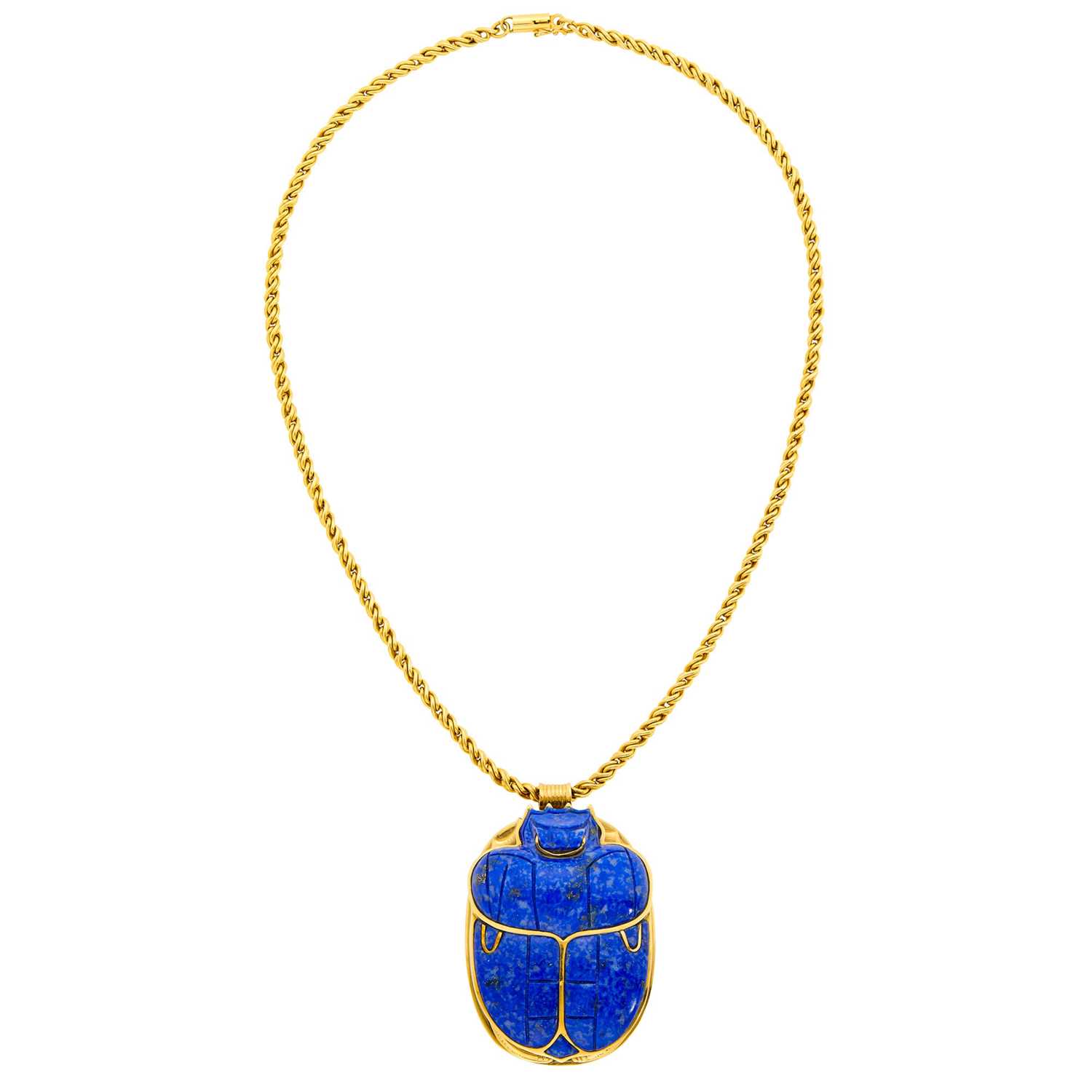 Lot 18 - Gold and Carved Lapis Scarab Pendant with Gold Chain Necklace