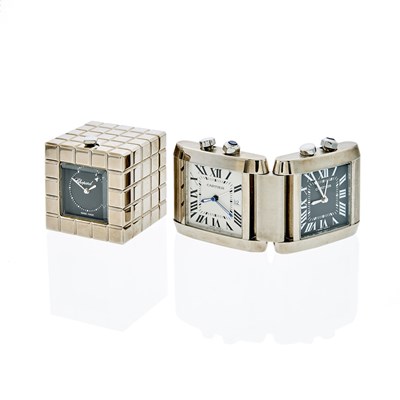 Lot 1200 - Chopard Metal 'Ice Cube' Desk Clock and Cartier Stainless Steel 'Tank Francaise' Dual-Time Travel Clock