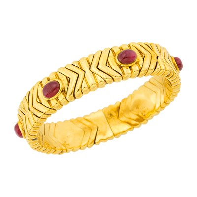 Lot 108 - Gold and Cabochon Ruby Cuff Bracelet