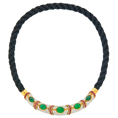 Lot 107 - Two-Color Gold, Cabochon Emerald, Ruby, Diamond and Braided Cord Necklace